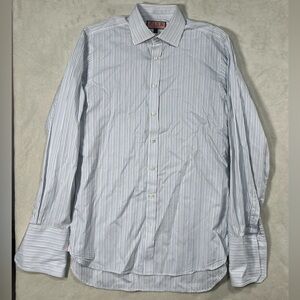 Thomas Pink 15.5-36 Savile Row French Cuff Navy Stripe Spread Collar Shirt EUC